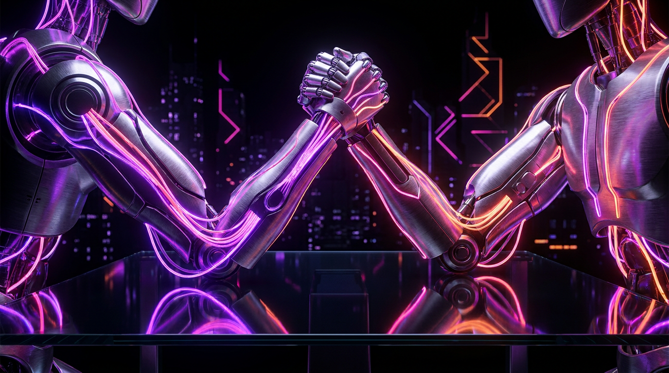 Braços robóticos futuristas disputando queda de braço em fundo escuro com luzes neon