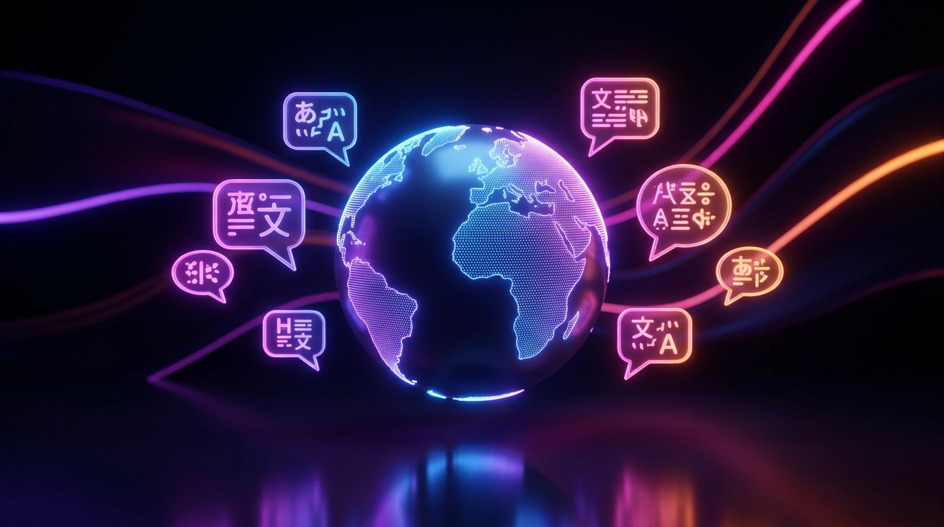 Globo digital iluminado com balões de fala representando vários idiomas