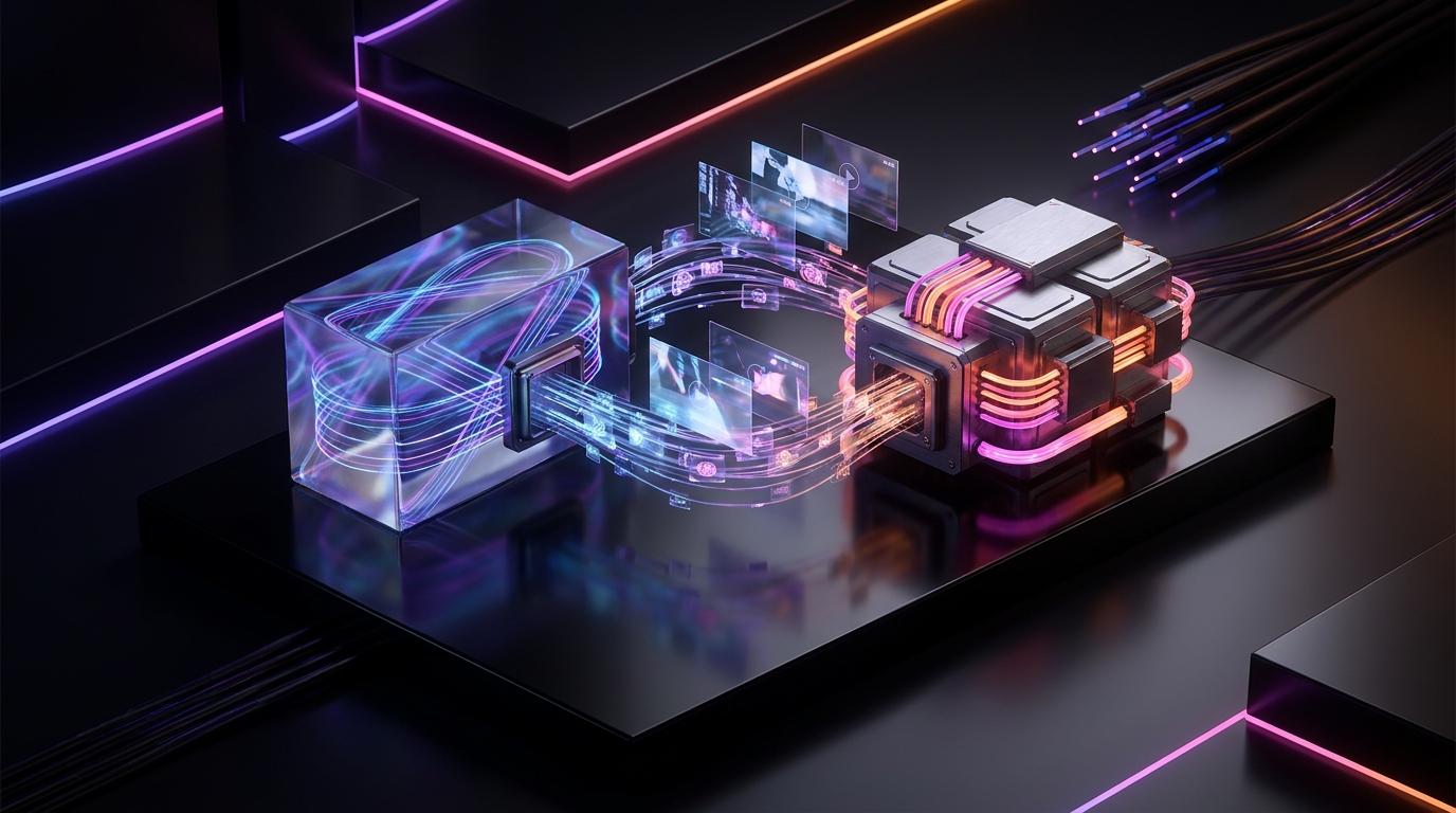 Ilustração 3D de dois nós de processamento de inteligência artificial em fundo escuro com neon.