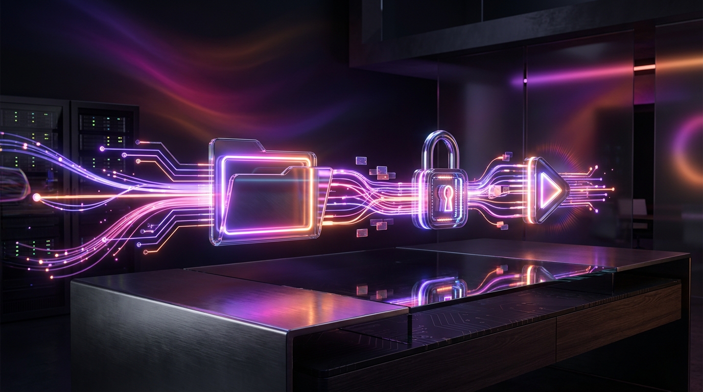 Fluxo digital conectando pasta de arquivos, cadeado de segurança e botão de play