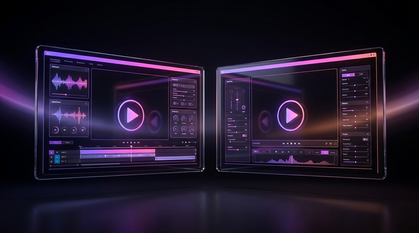 Telas divididas mostrando interfaces de edição de vídeo flutuantes com luzes neon