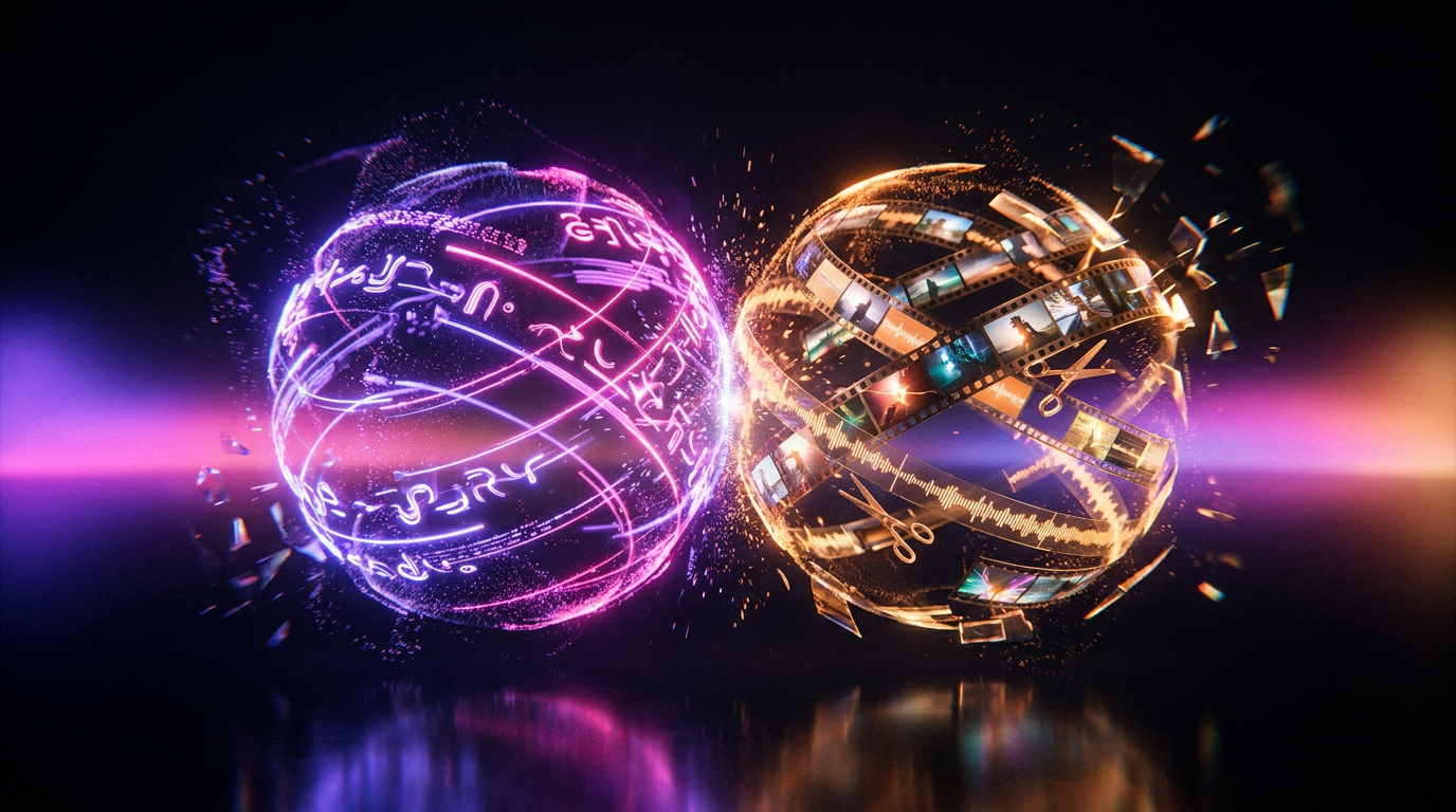 Ilustração 3D abstrata de inteligência artificial editando vídeos e legendas em tons de roxo e laranja