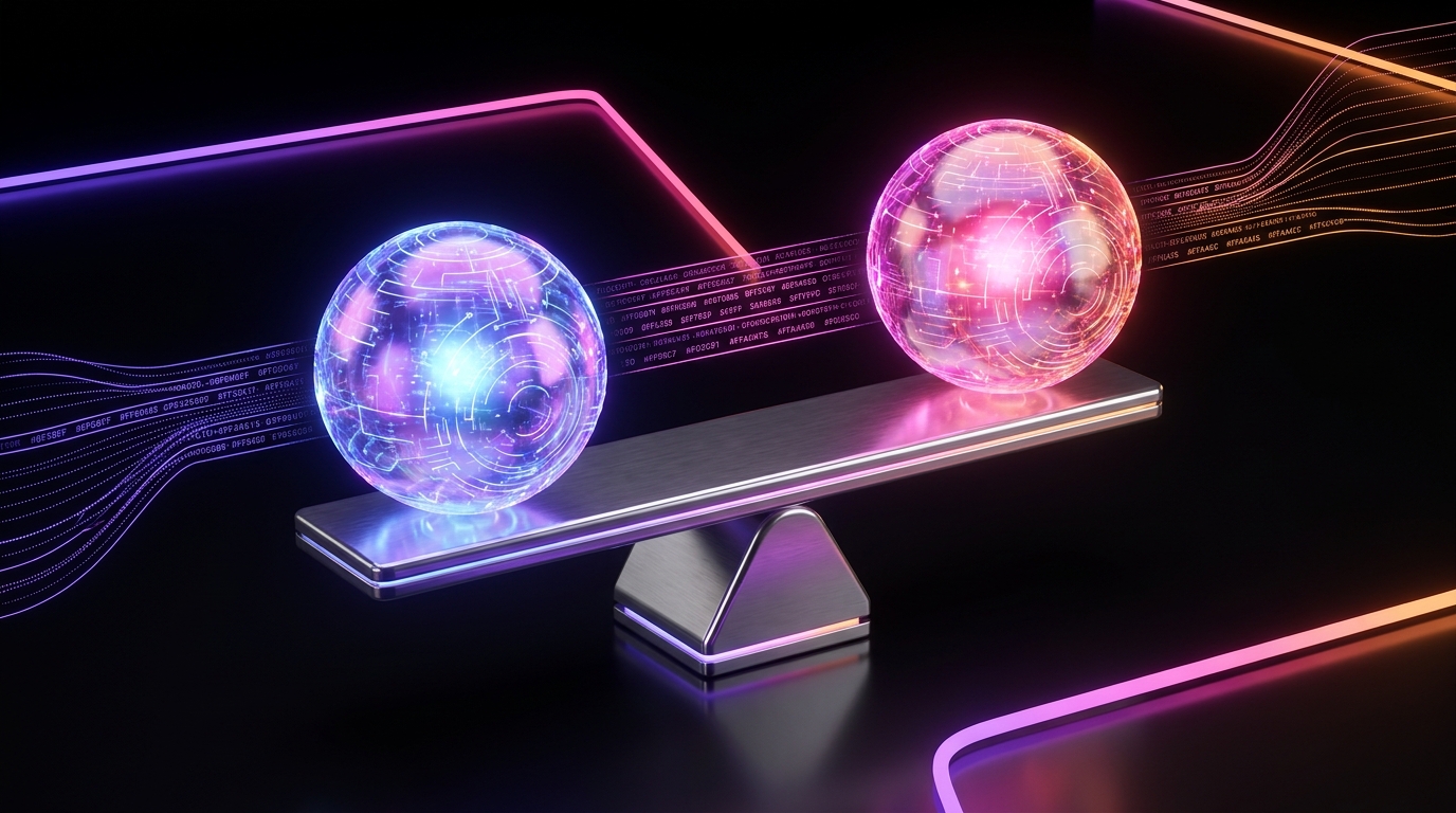 Balança metálica equilibrando duas esferas futuristas com luzes neon
