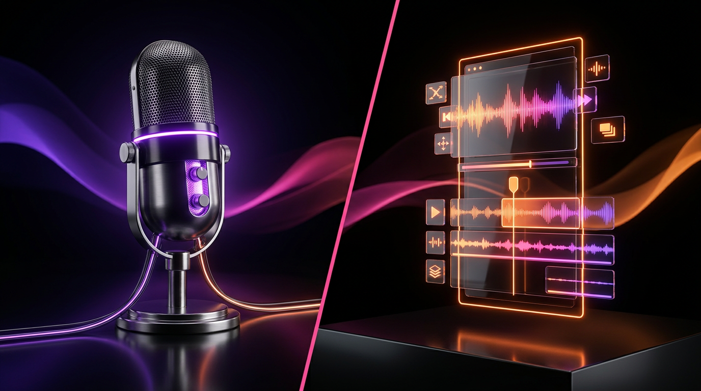 Microfone de estúdio e linha do tempo de vídeo vertical iluminados em neon