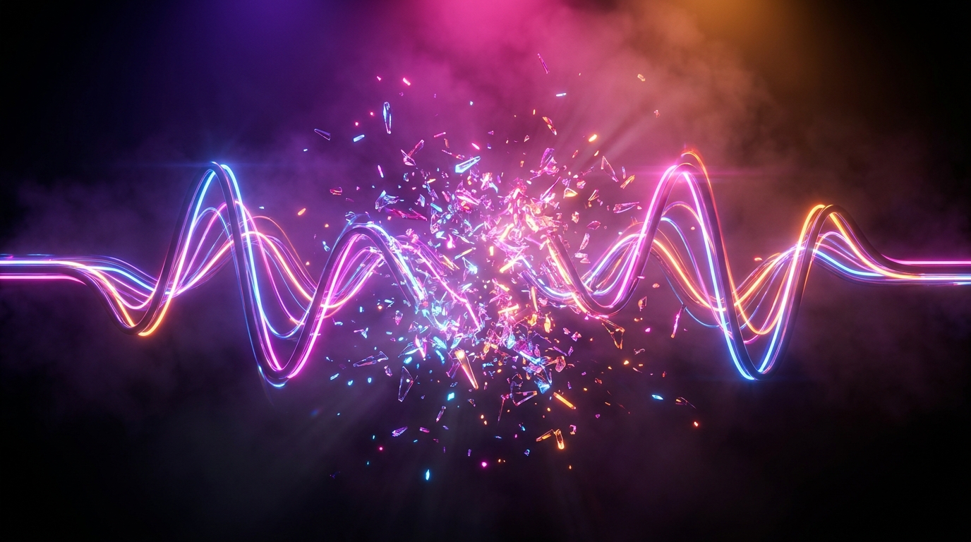 Ondas sonoras em neon colidindo, representando a edição de vídeos curtos com IA