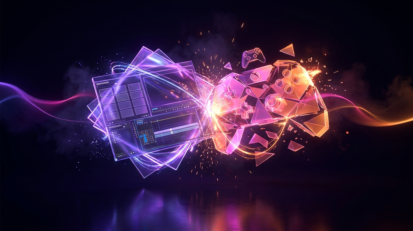 Formas geométricas brilhantes colidindo em fundo escuro com neon roxo e laranja