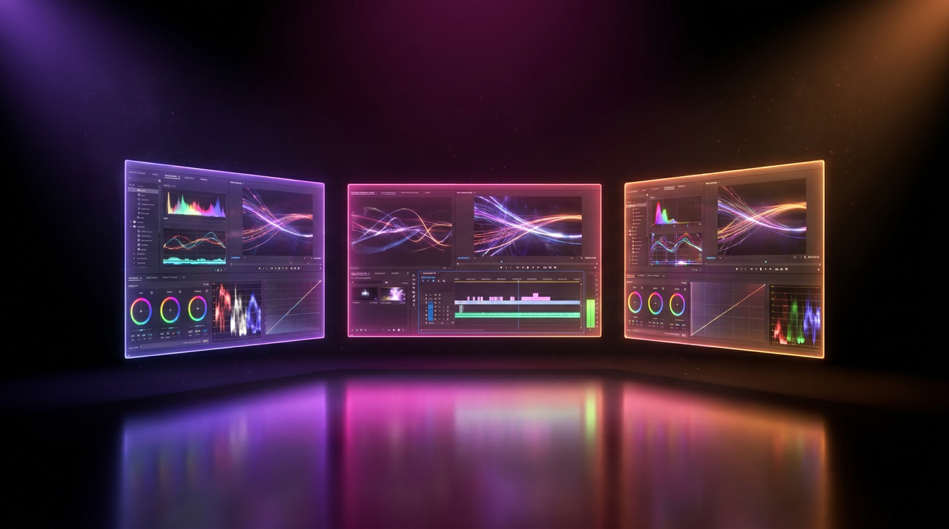Telas holográficas de edição de vídeo flutuando em fundo escuro com luzes neon.
