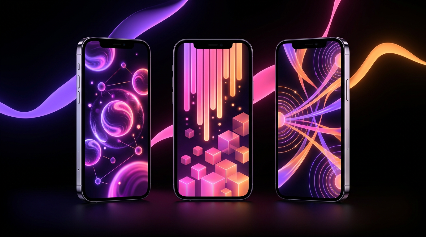 Três smartphones lado a lado com interfaces de redes sociais iluminados por neon