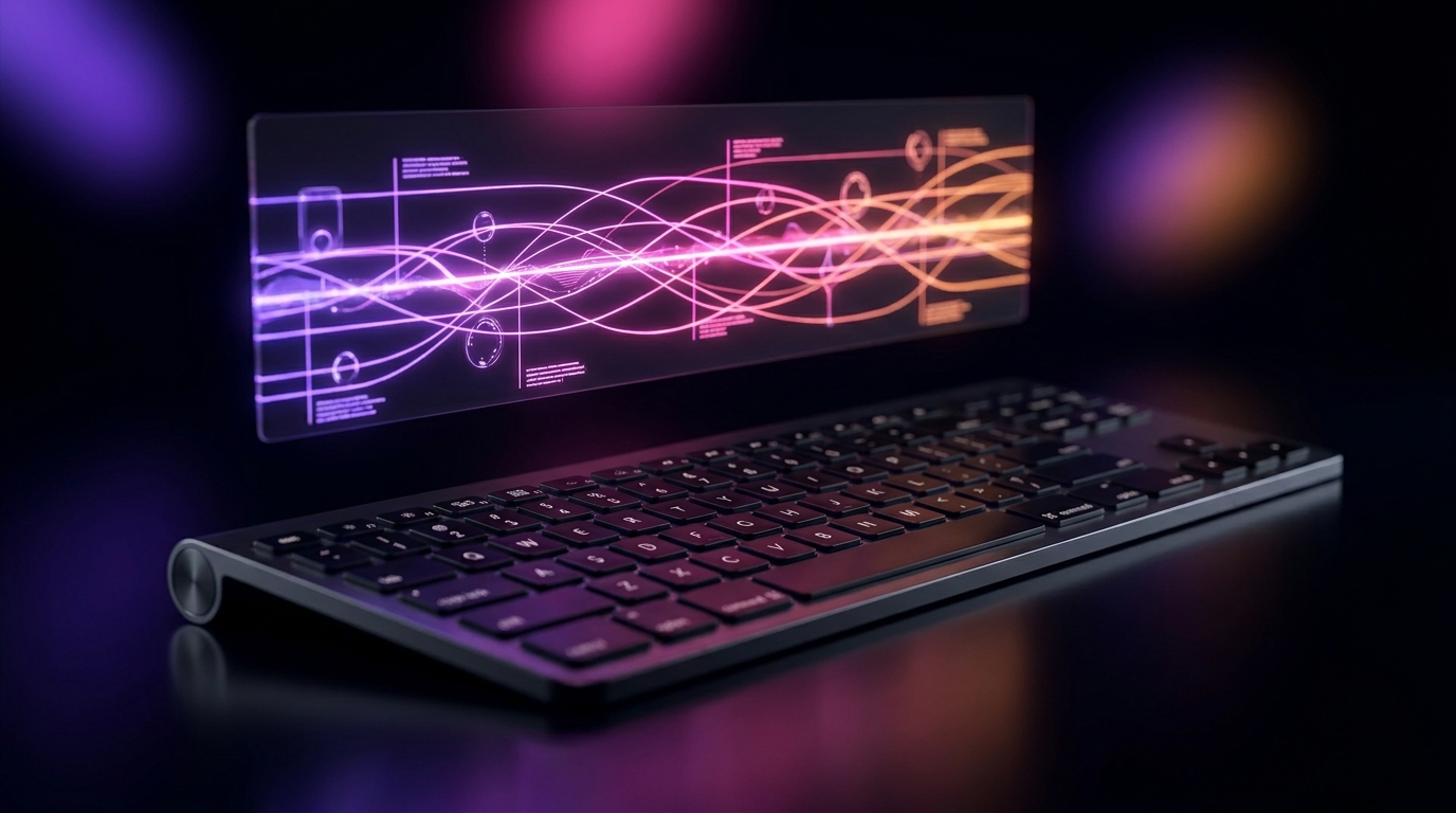 Teclado de computador com interface de edição de vídeo flutuante em neon