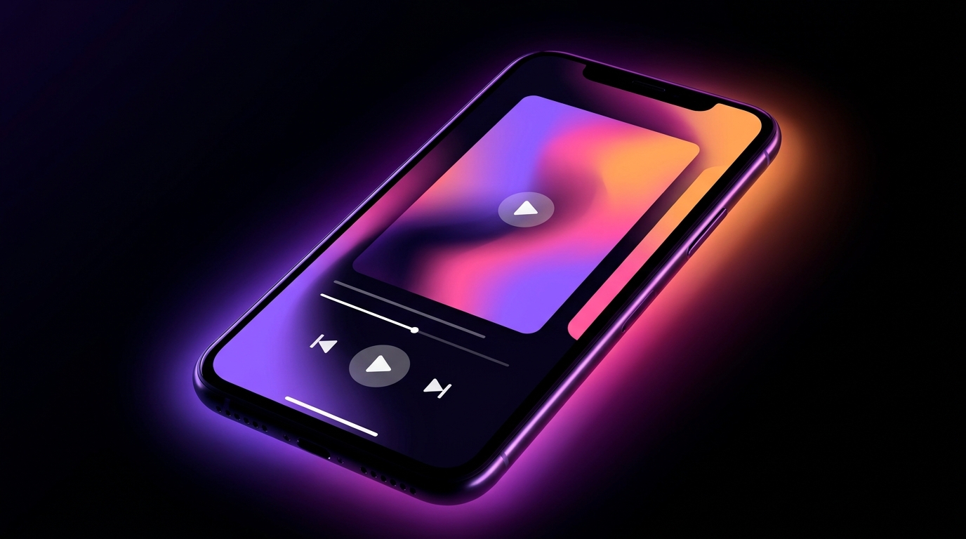 Smartphone exibindo interface de vídeo vertical com iluminação neon ao fundo