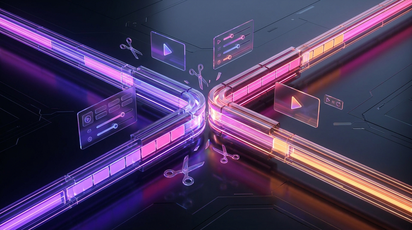 Ilustração 3D de timelines de edição de vídeo colidindo com luzes neon e ícones holográficos