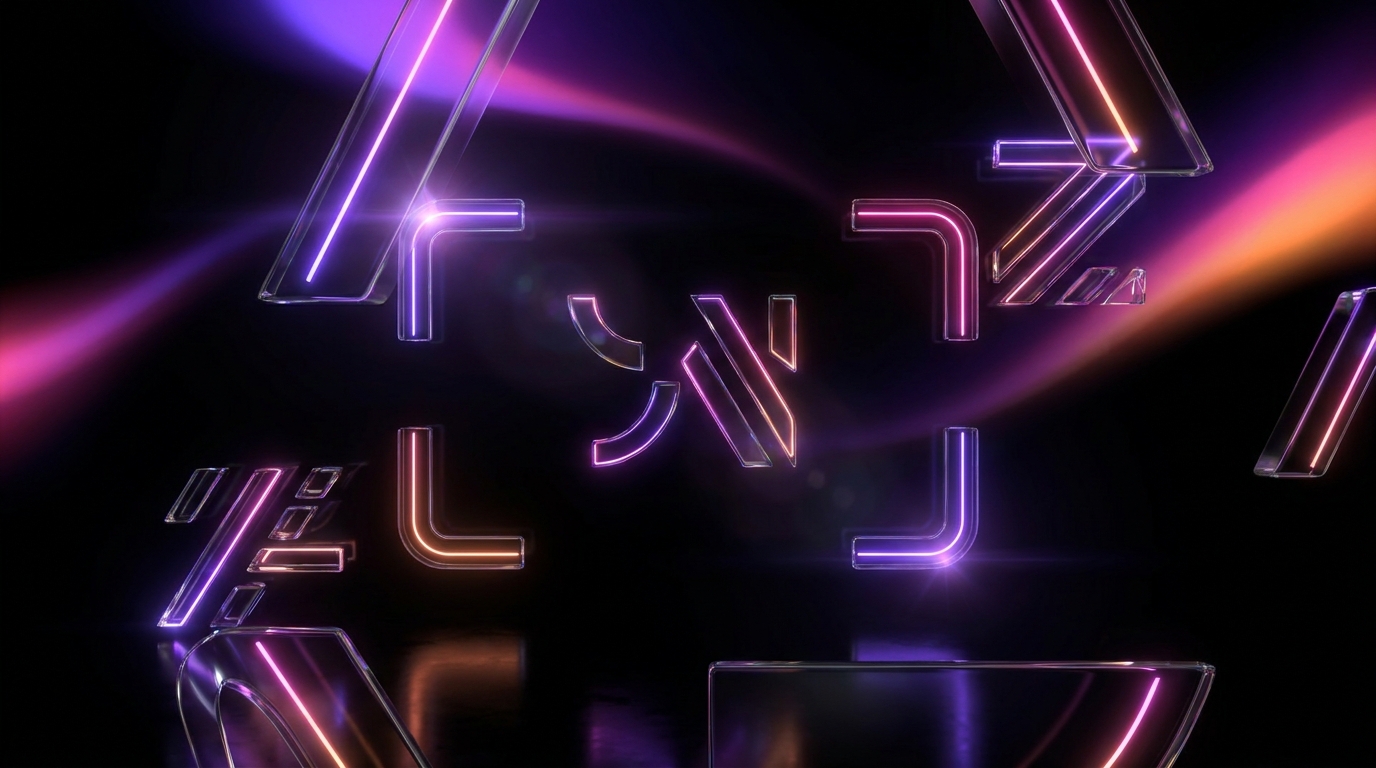 Elementos tipográficos abstratos e marcações de vídeo em fundo escuro com luzes neon