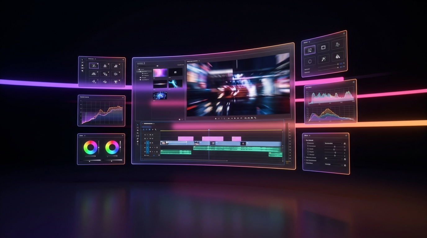 Interface futurista de edição de vídeo com luzes neon roxas e laranjas.