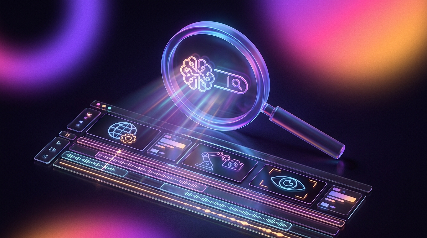 Lupa brilhante sobre uma linha do tempo de vídeo com iluminação neon