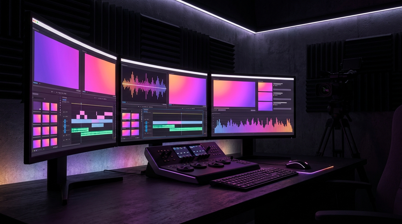 Estação de trabalho de edição de vídeo com monitores e iluminação neon roxa e laranja.