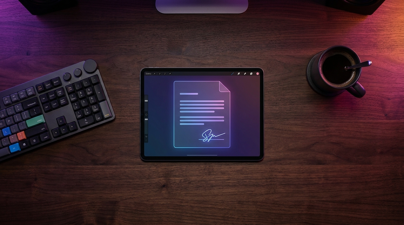 Tablet exibindo um contrato digital em uma mesa de edição