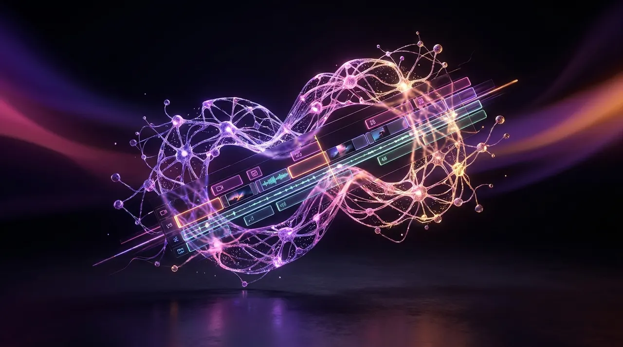 Linha do tempo de edição de vídeo iluminada por redes neurais em tons neon