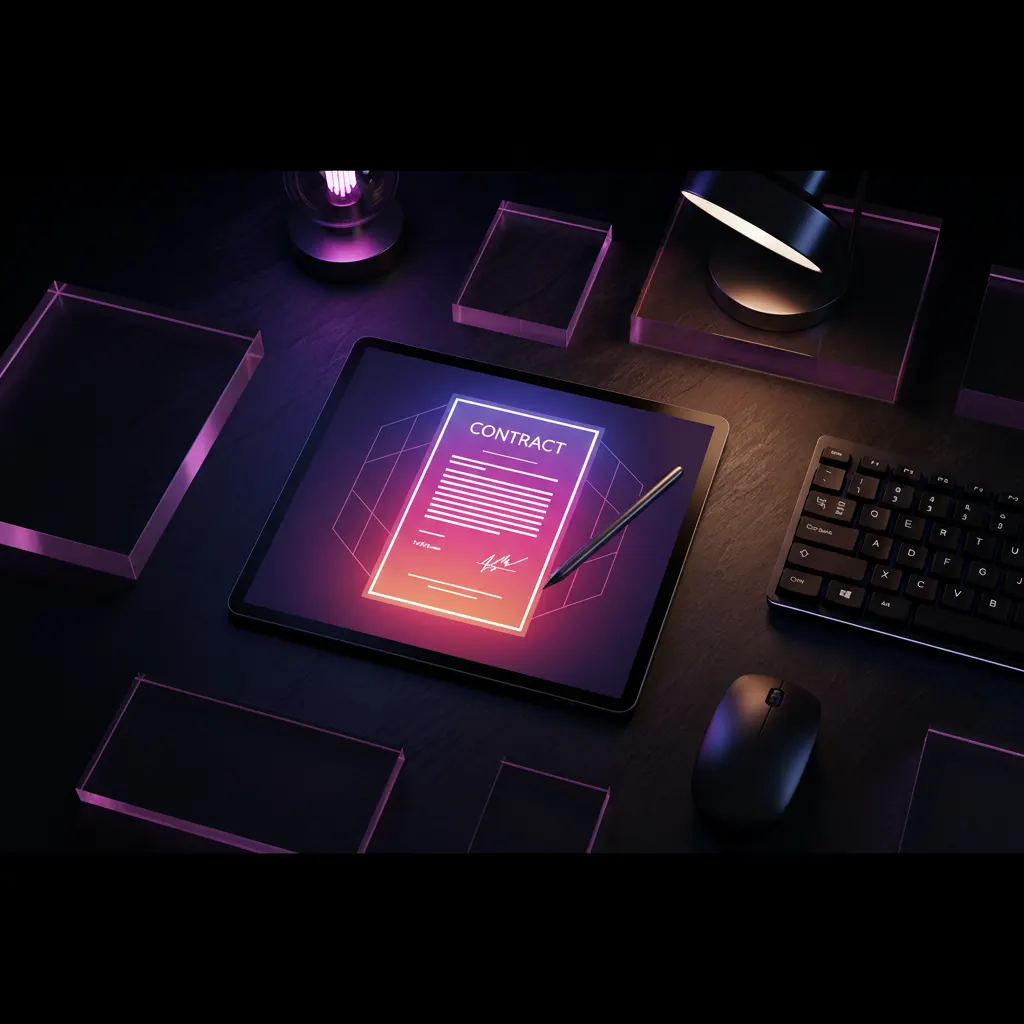 Tablet exibindo um contrato digital em uma mesa escura com iluminação neon