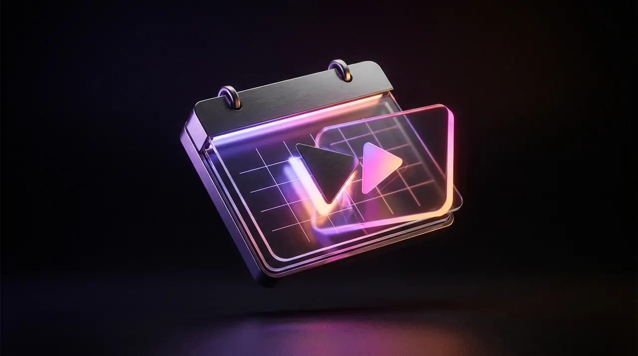 Calendário futurista e botão de play brilhante em fundo escuro com neon