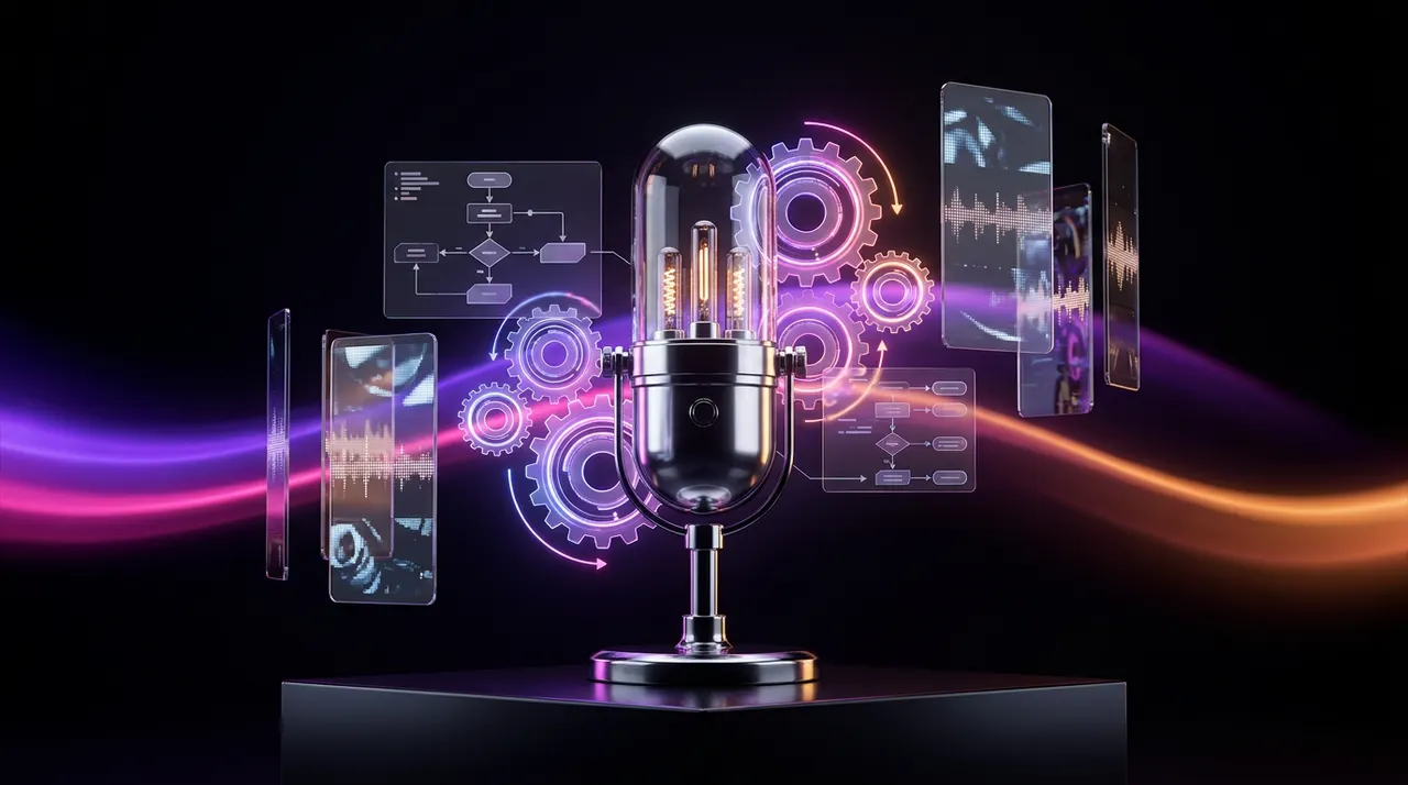 Microfone futurista rodeado por engrenagens digitais e telas de vídeo flutuantes.