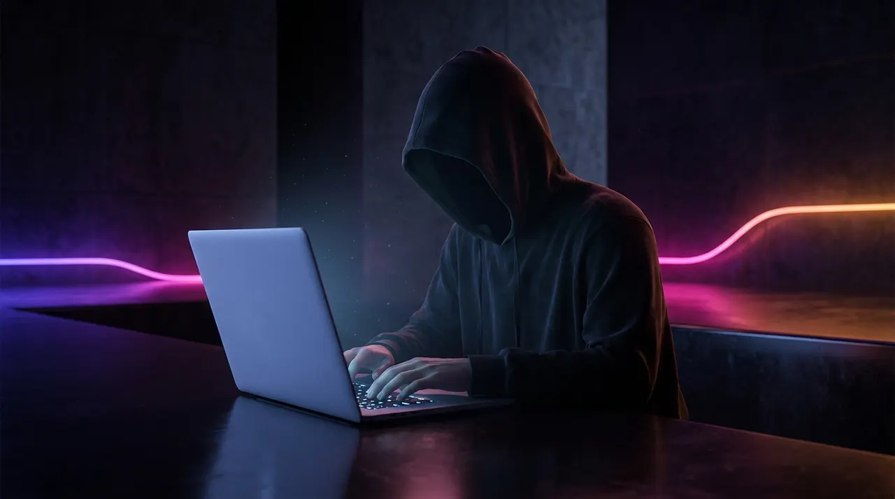 Pessoa anônima editando vídeos em um notebook com iluminação neon