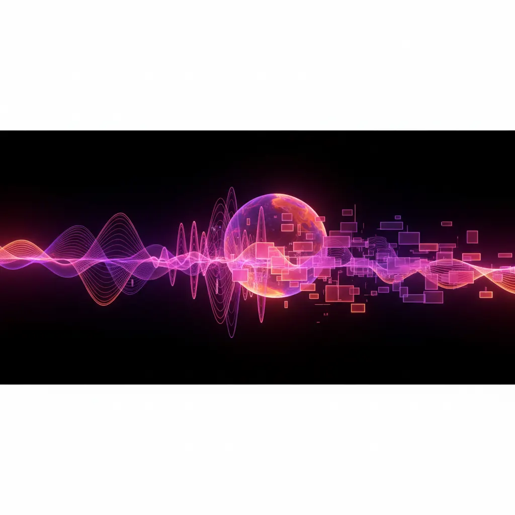Ondas sonoras digitais se transformando em blocos de texto sobre um fundo escuro