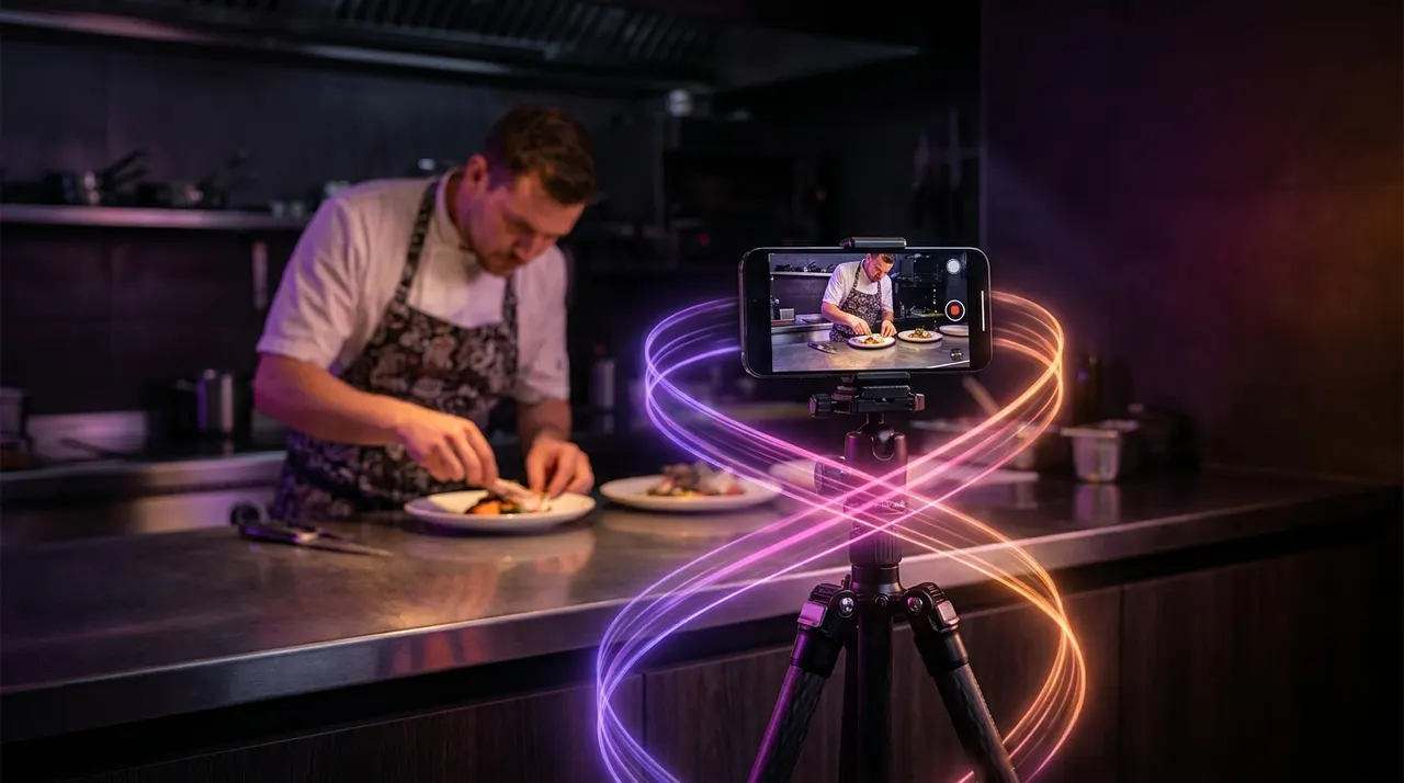 Smartphone gravando um chef com efeitos visuais de inteligência artificial ao redor