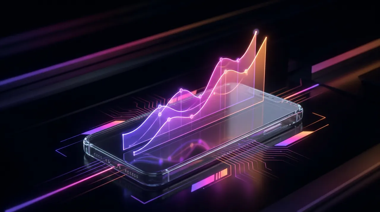 Gráfico holográfico brilhante saindo de um smartphone mostrando análise de tendências