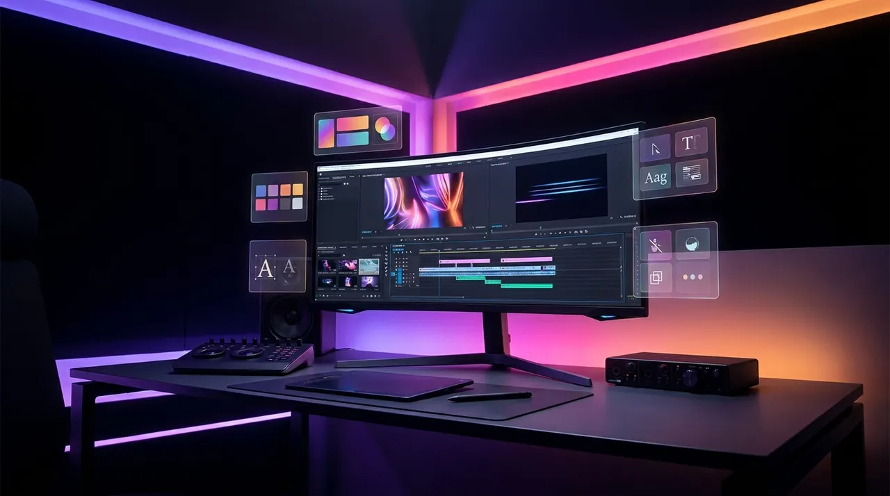 Monitor exibindo painéis de edição de vídeo com paletas de cores e tipografia.