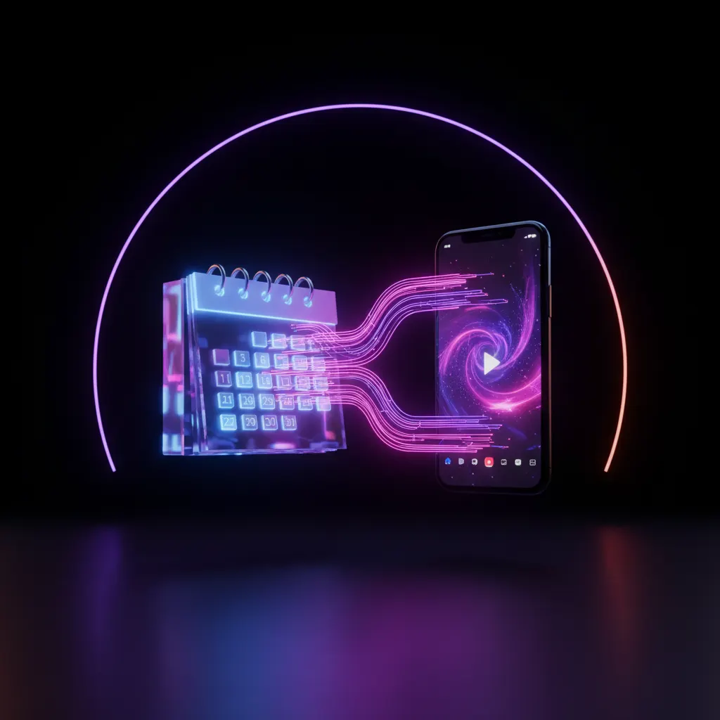 Calendário e smartphone conectados por feixes de luz neon roxa e rosa