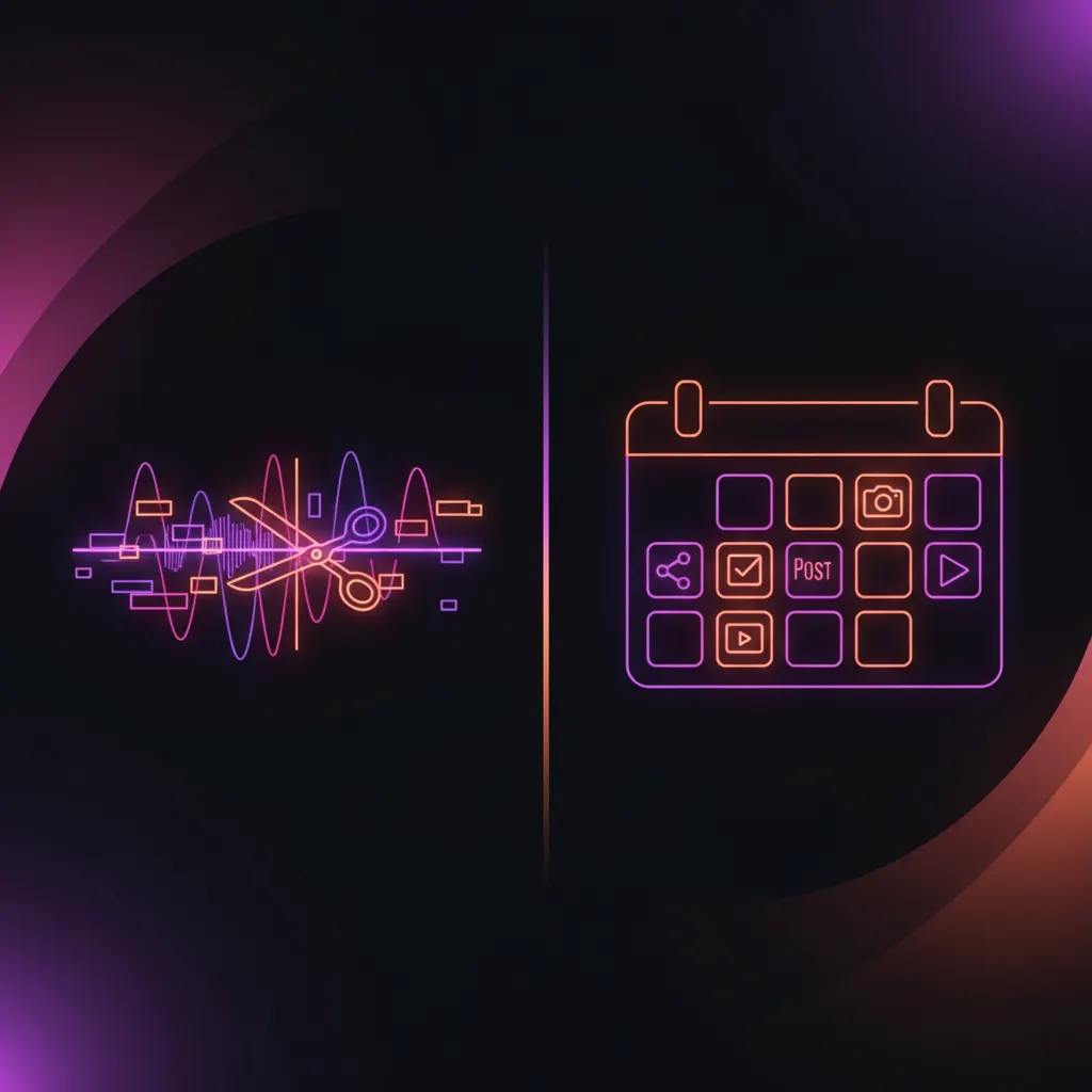 Comparativo visual entre linha do tempo de edição de vídeo e calendário de redes sociais