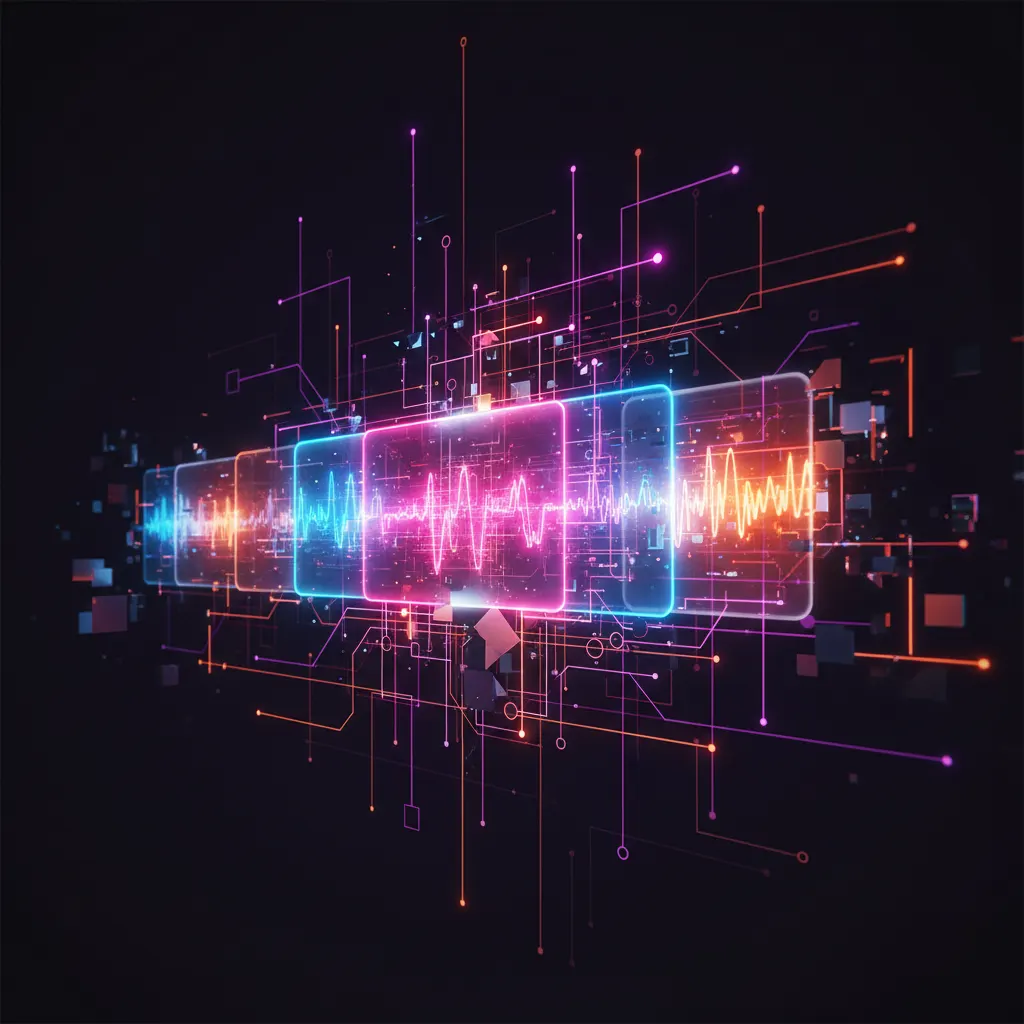 Múltiplos quadros de vídeo alinhados em uma fila de renderização iluminada