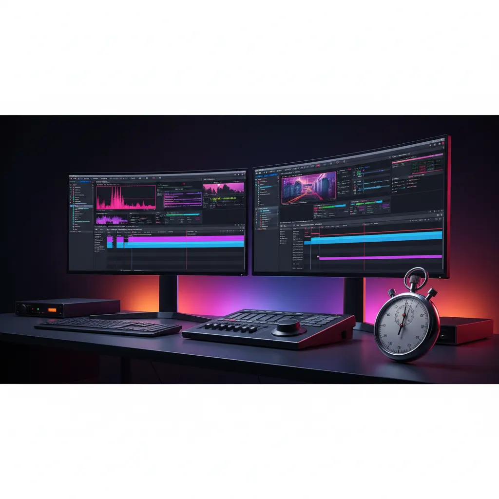 Estação de trabalho de edição de vídeo com dois monitores e um cronômetro