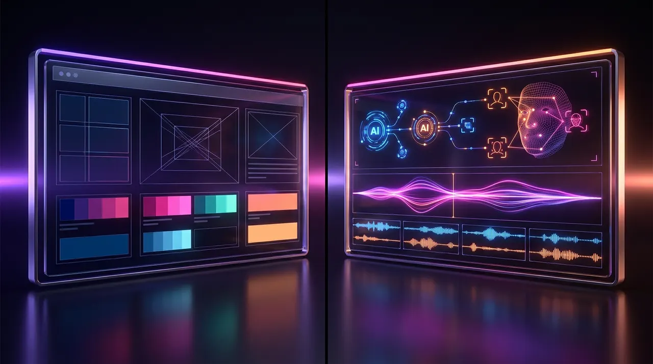 Tela dividida comparando interface de design com linha do tempo de vídeo com IA