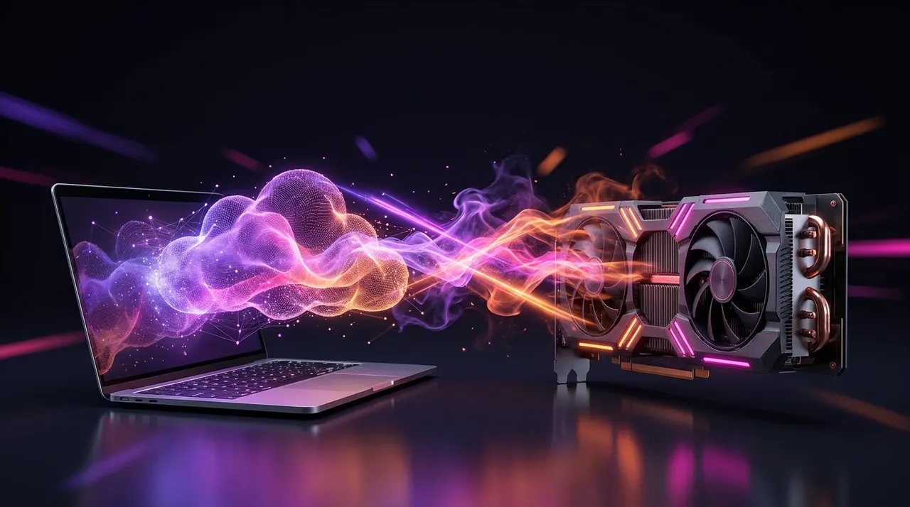 Notebook moderno com holograma de nuvem contrapondo uma placa de vídeo dedicada.