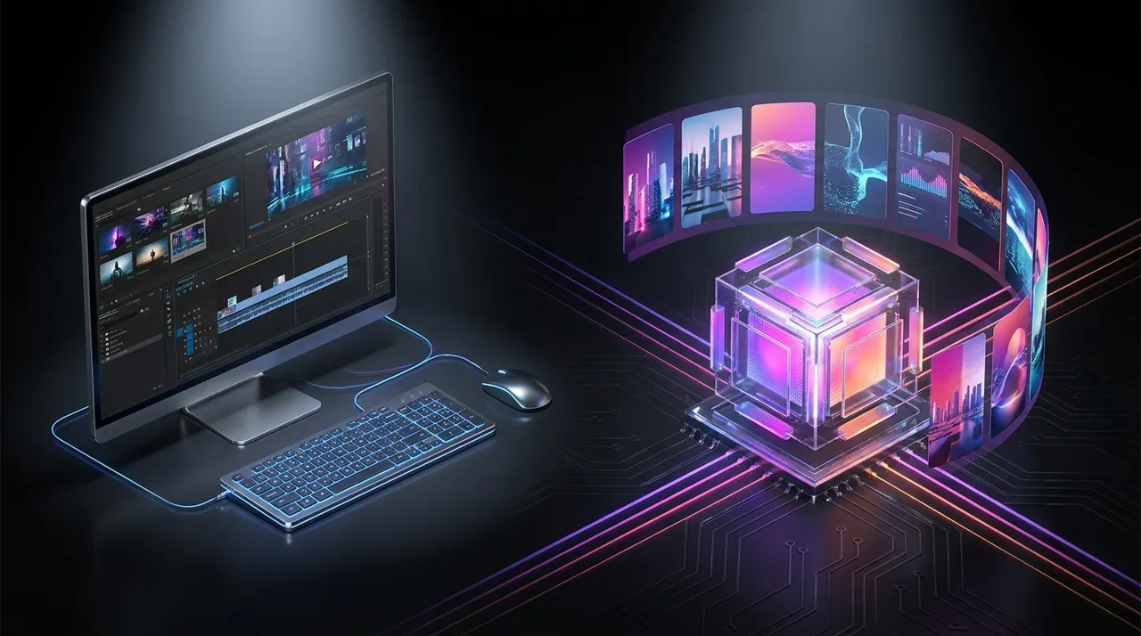 Comparativo visual entre linha do tempo tradicional de edição e inteligência artificial gerando cortes verticais.