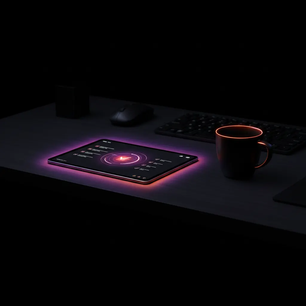 Tablet exibindo um checklist digital iluminado por luzes neon roxas e laranjas