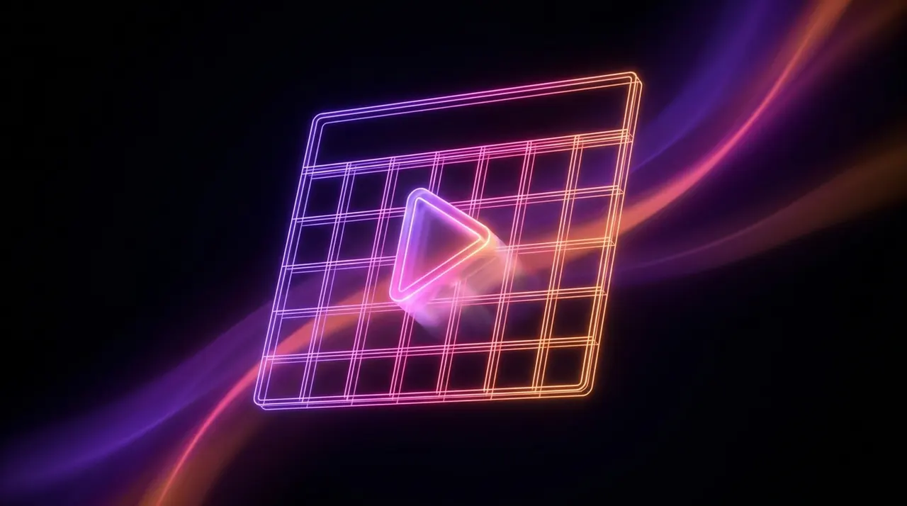 Calendário digital flutuante com botão de play em tons neon