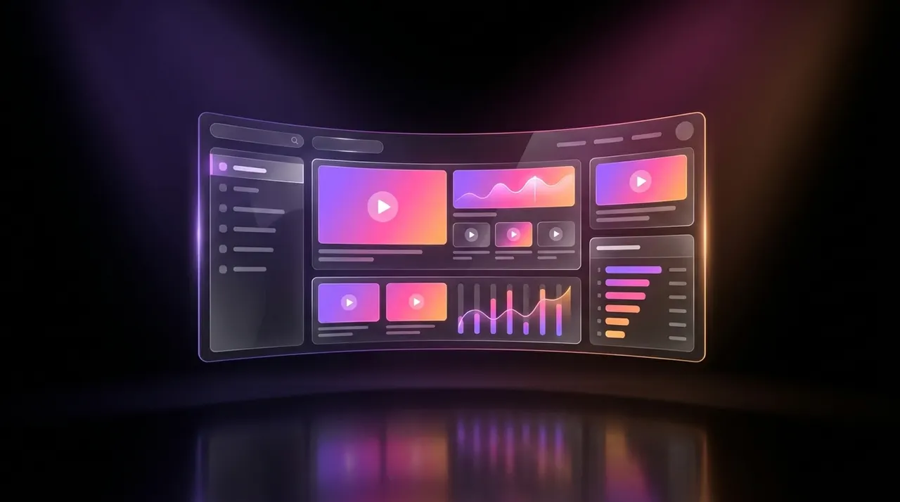 Interface digital flutuante com gráficos de análise e placar de líderes em ambiente escuro