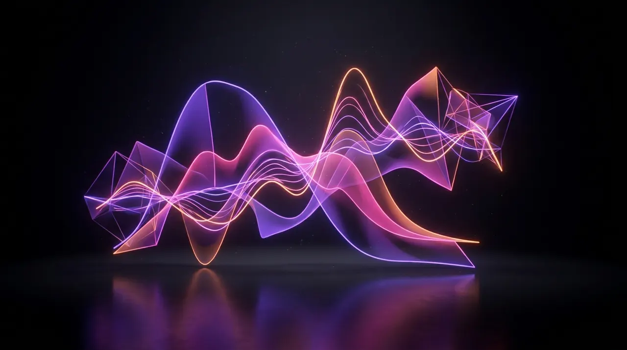Gráficos 3D abstratos em neon roxo e laranja representando retenção de vídeo