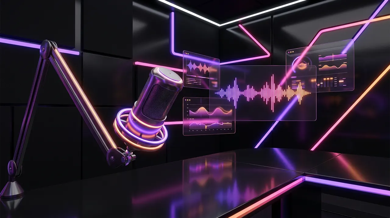 Microfone e telas digitais flutuantes com ondas sonoras em fundo escuro com neon