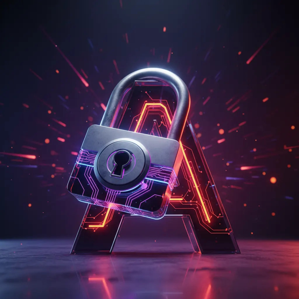 Cadeado digital brilhante protegendo uma letra tipográfica em fundo escuro com luzes neon