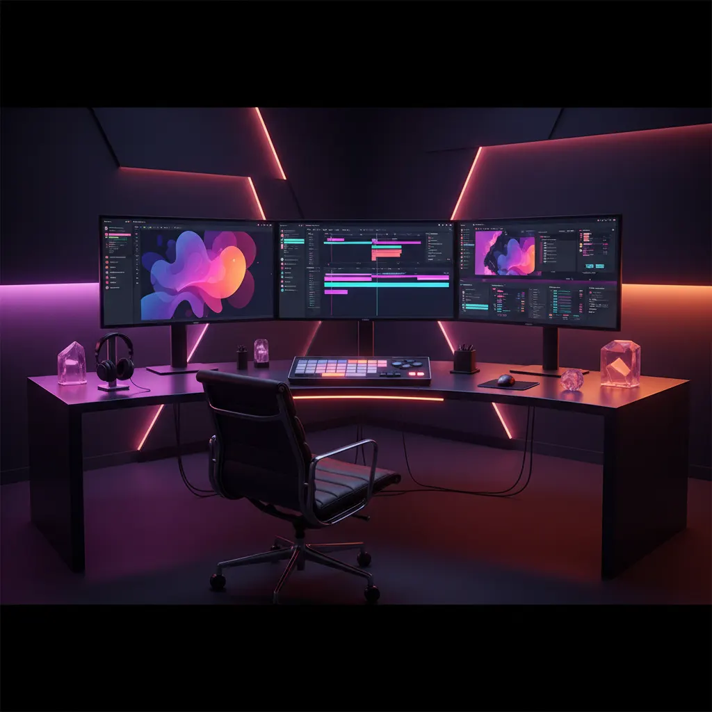 Mesa de trabalho moderna com múltiplos monitores exibindo linhas do tempo de vídeo.