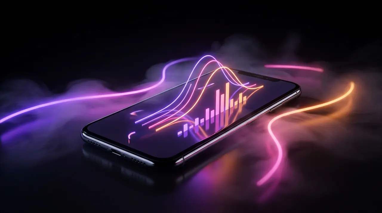 Smartphone com gráficos de crescimento em fundo escuro com luzes neon
