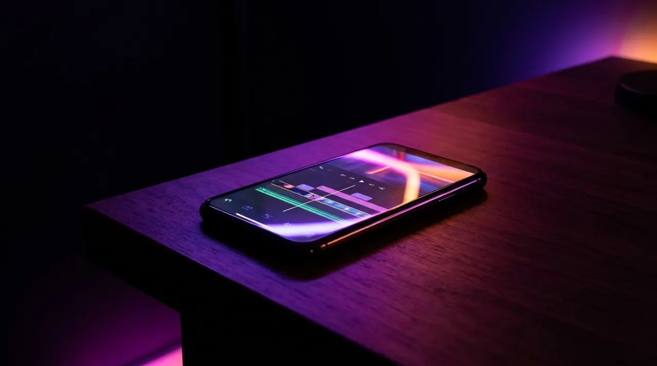 Smartphone com linha do tempo de edição de vídeo em mesa escura