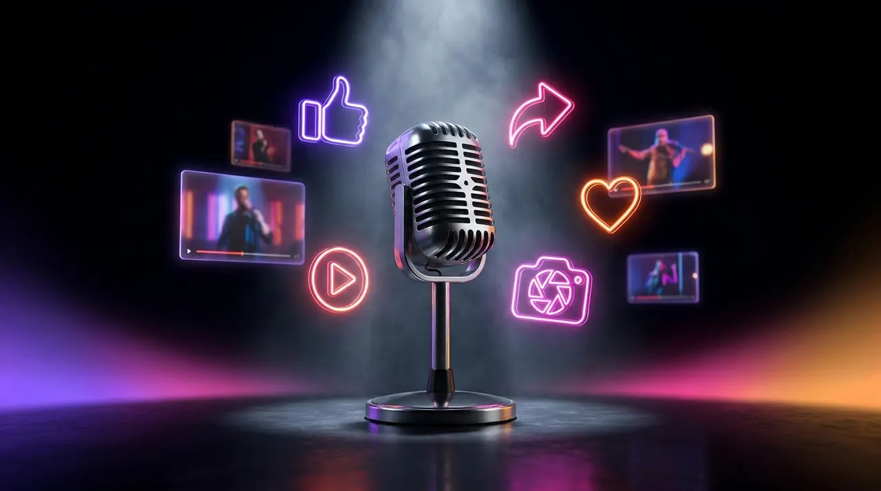Microfone de stand-up iluminado por ícones de redes sociais em neon
