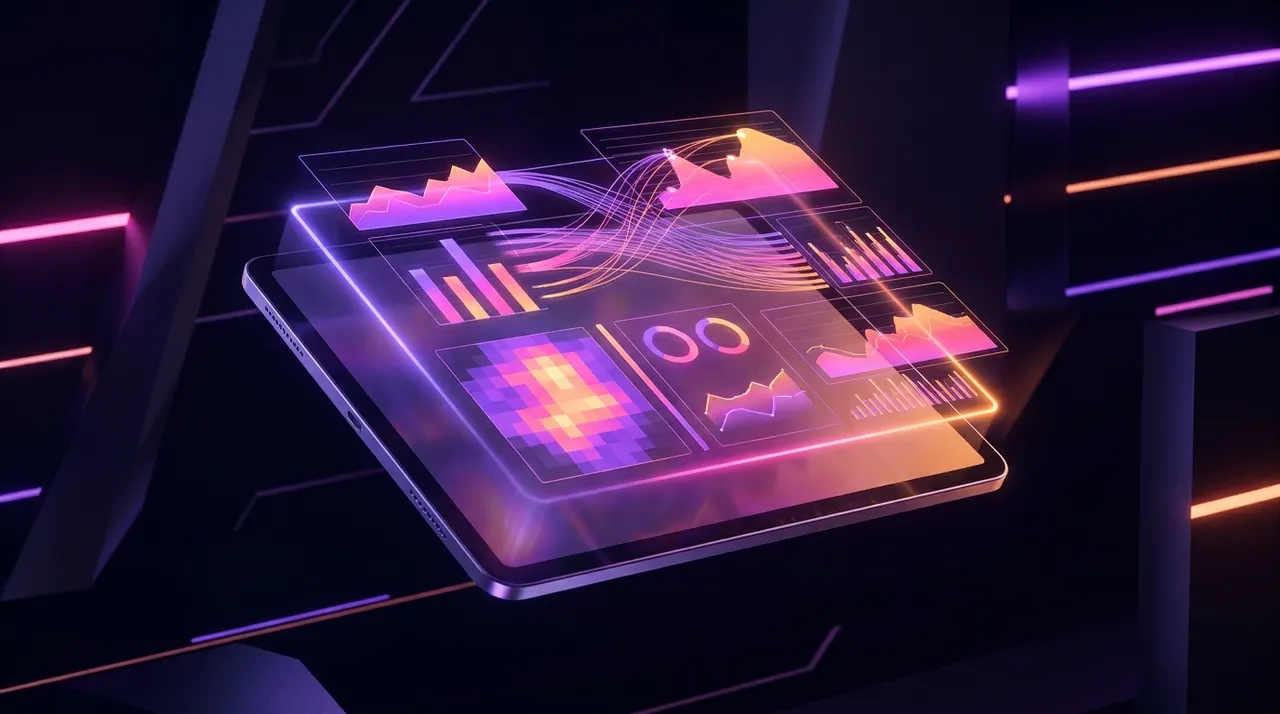 Tablet holográfico mostrando gráficos de análise com iluminação neon roxa e laranja