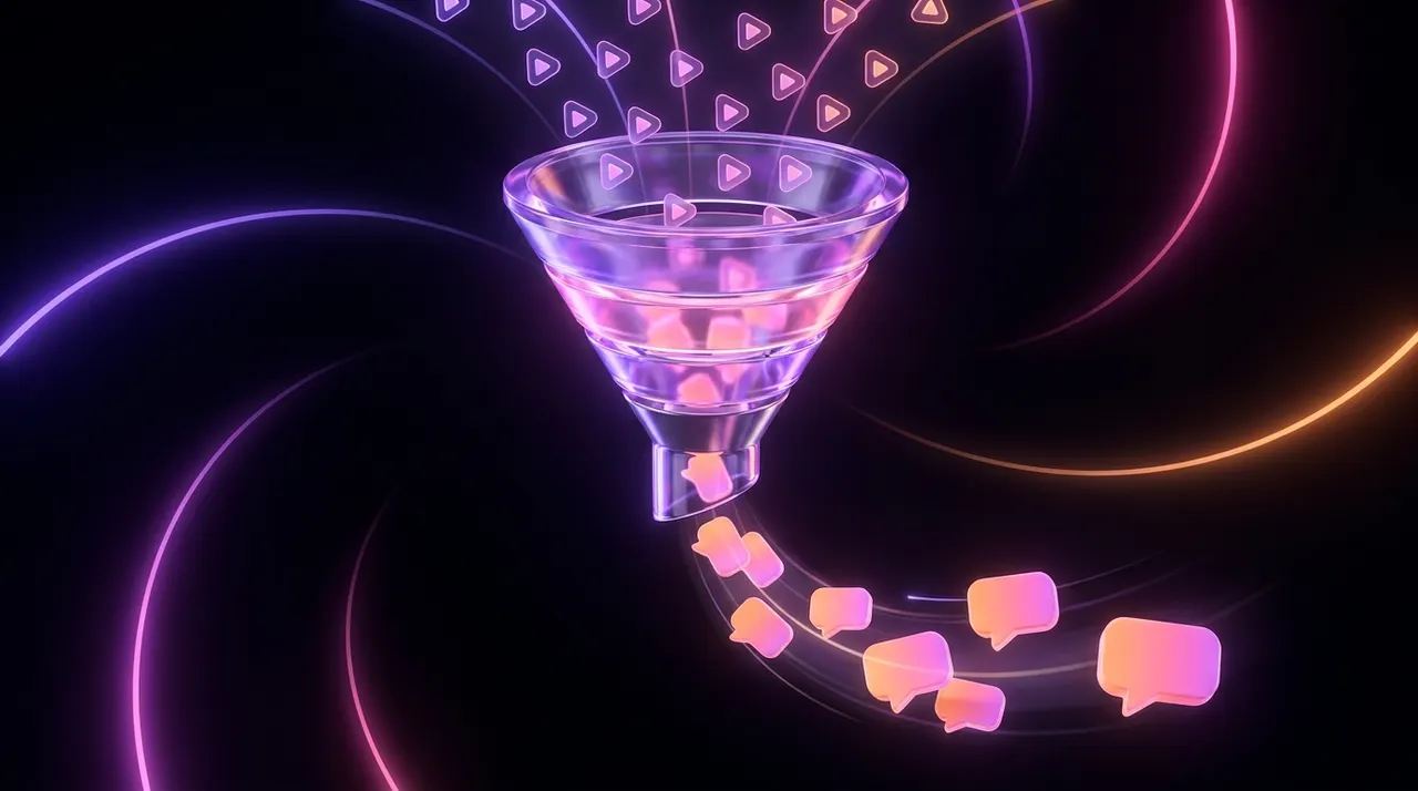 Funil de conversão 3D brilhante transformando ícones de vídeo em mensagens