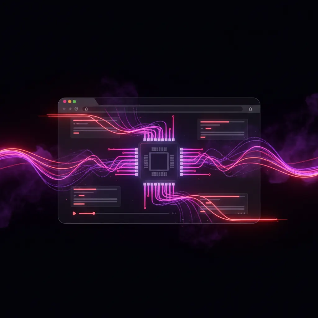 Processador iluminado renderizando vídeos dentro de uma janela de navegador