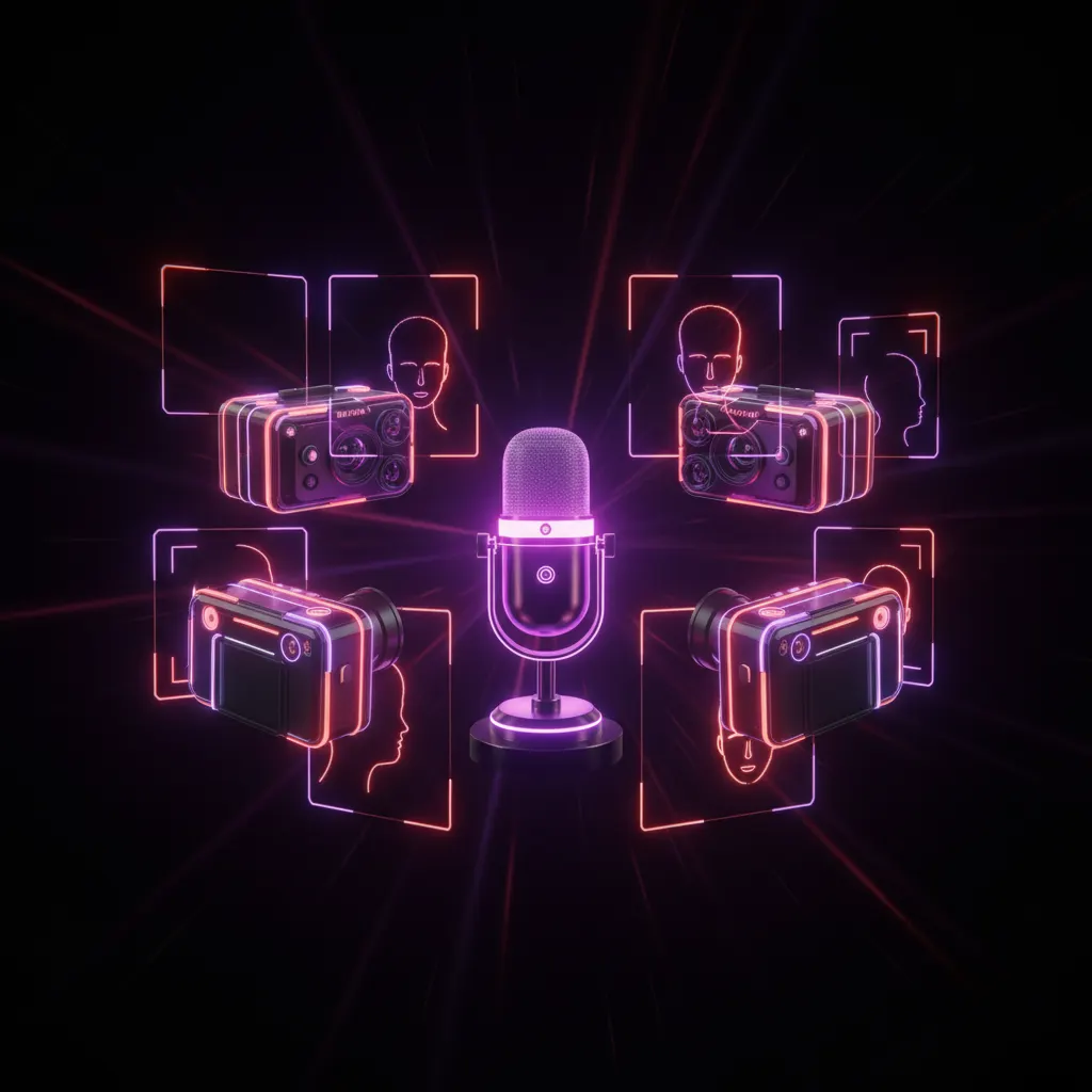 Câmeras de podcast com caixas de foco de inteligência artificial em neon